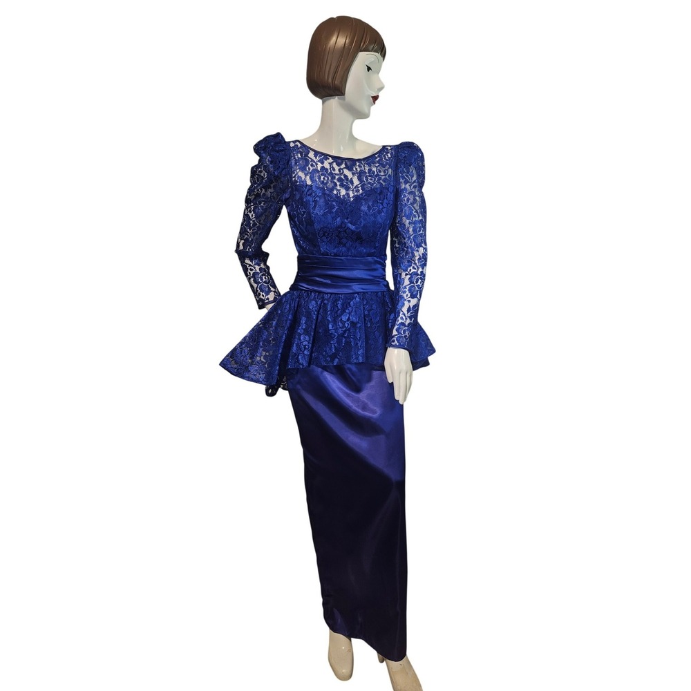 Vint Bridals Originals Vintage 80s Royal Blue Lace Peplum Gown Satin Maxi Dress